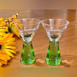 Carnival Cruise Line Green Diamond Cut Stem Shot Glass - Set of Two